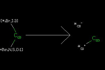 [*+0;n,N,S,O:1][C:2][*;Br,I:3]>>[*+1:1][C:2].[*-1:3]