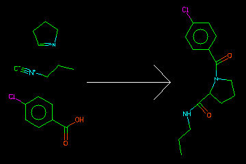 C1CC=NC1.[C-]#[N+]CCC.c1cc(Cl)ccc1C(=O)O>>CCCNC(=O)C1CCCN1C(=O)c2ccc(Cl)cc2